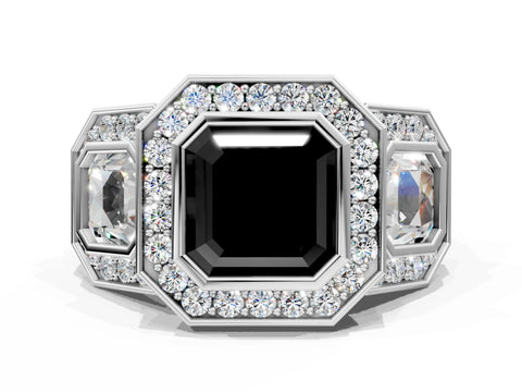 White gold Three-Stone Fancy Black Asscher Cut Halo Pavé Diamond Ring