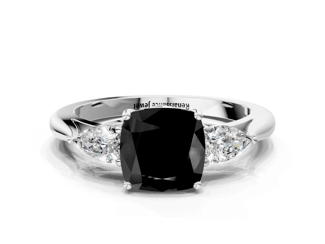 White gold Three-Stone Fancy Black Cushion Cut Brilliant Diamond Solitaire Ring with Tapered Band and Four-Prong Setting_40