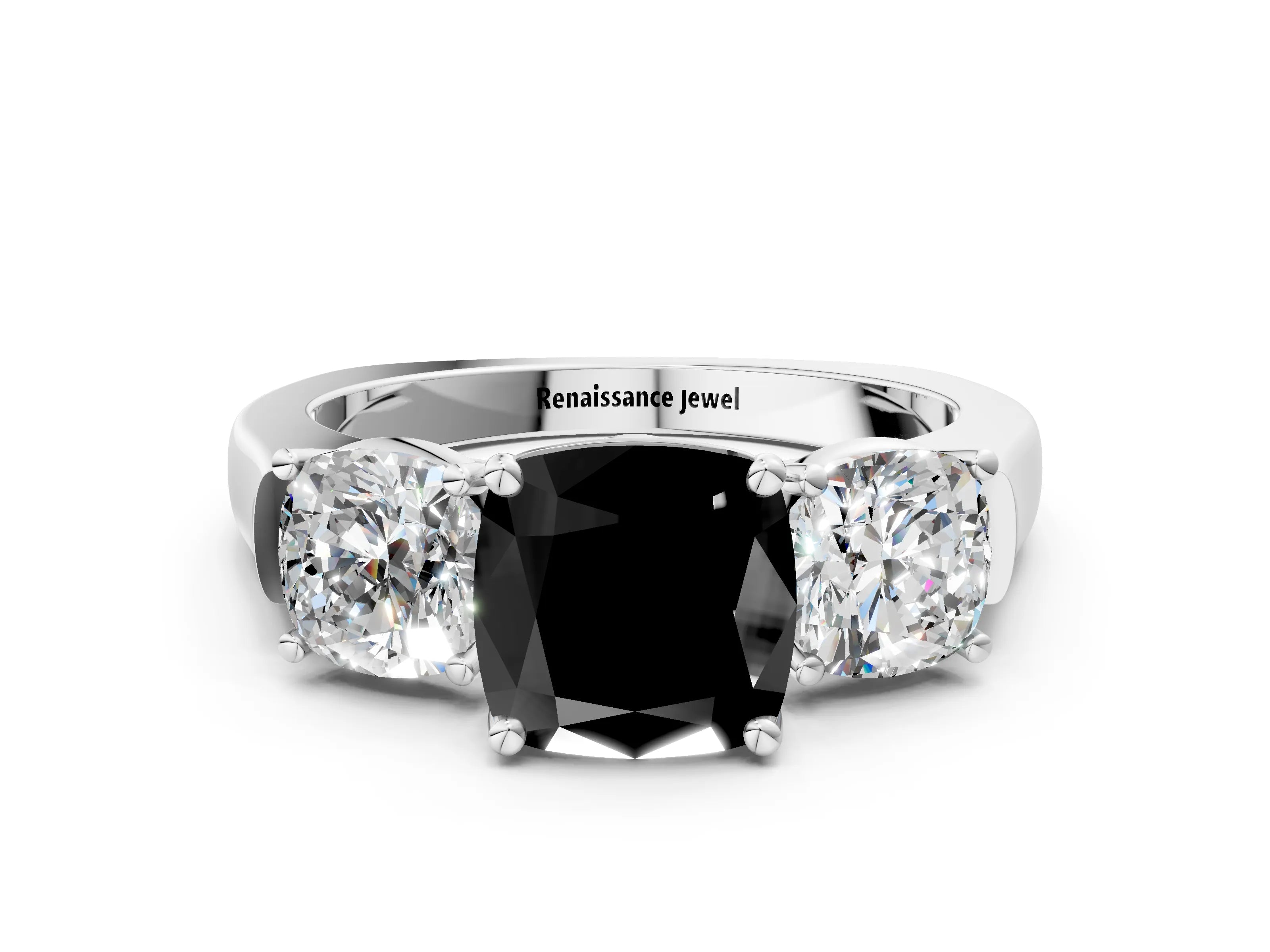 White gold Three-Stone Fancy Black Cushion Cut Brilliant Diamond Trellis Ring with Comfort Fit Band_12