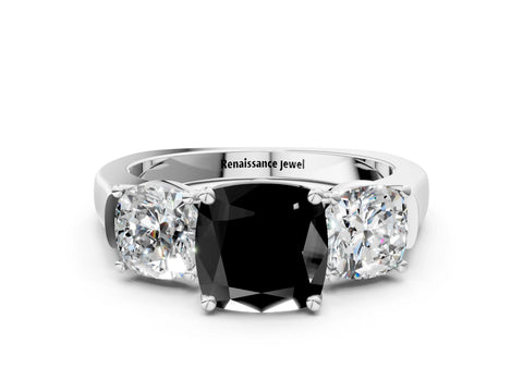 White gold Three-Stone Fancy Black Cushion Cut Brilliant Diamond Trellis Ring with Comfort Fit Band_12