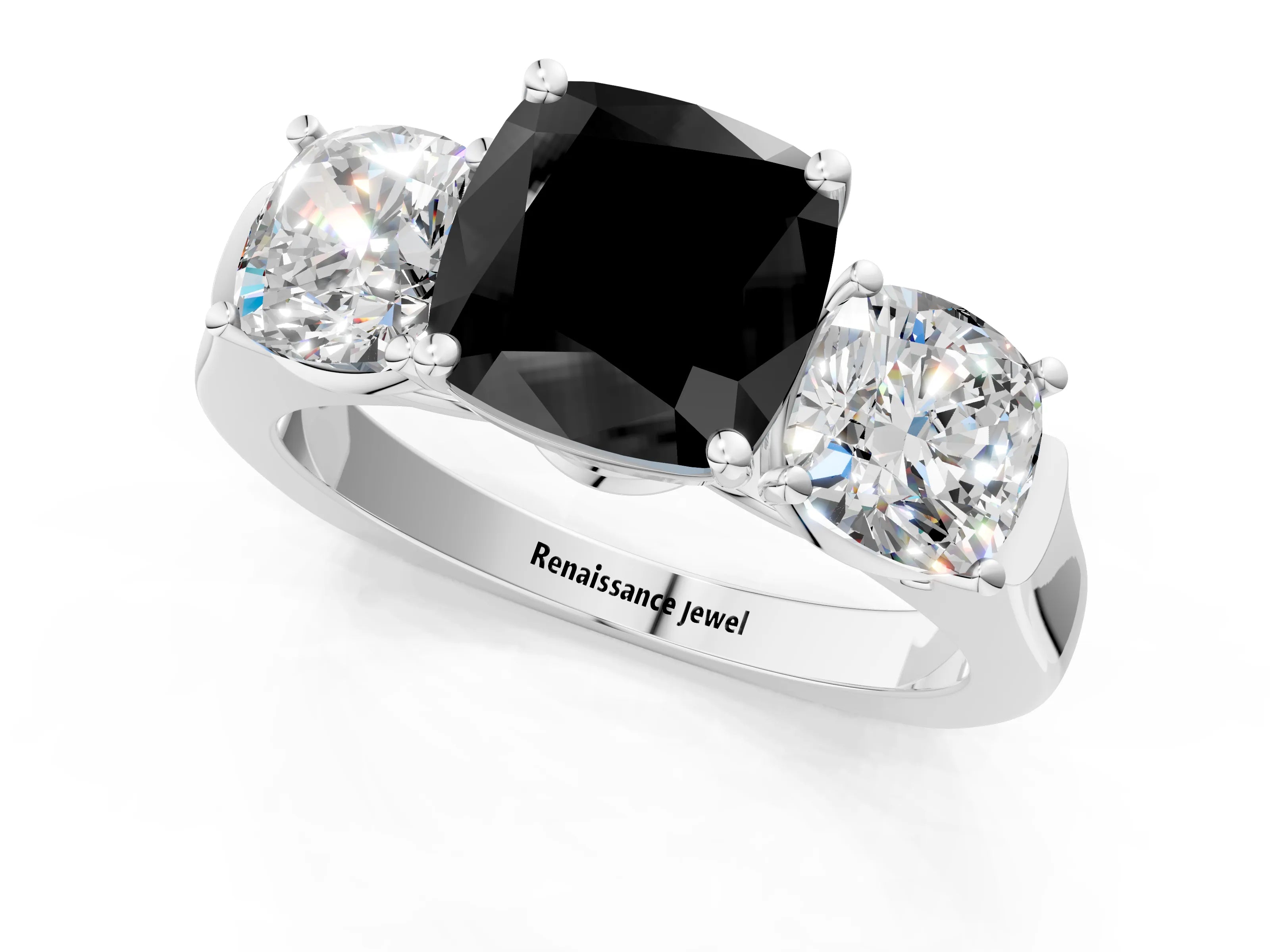 White gold Three-Stone Fancy Black Cushion Cut Brilliant Diamond Trellis Ring with Comfort Fit Band_13
