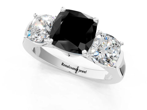 White gold Three-Stone Fancy Black Cushion Cut Brilliant Diamond Trellis Ring with Comfort Fit Band_13
