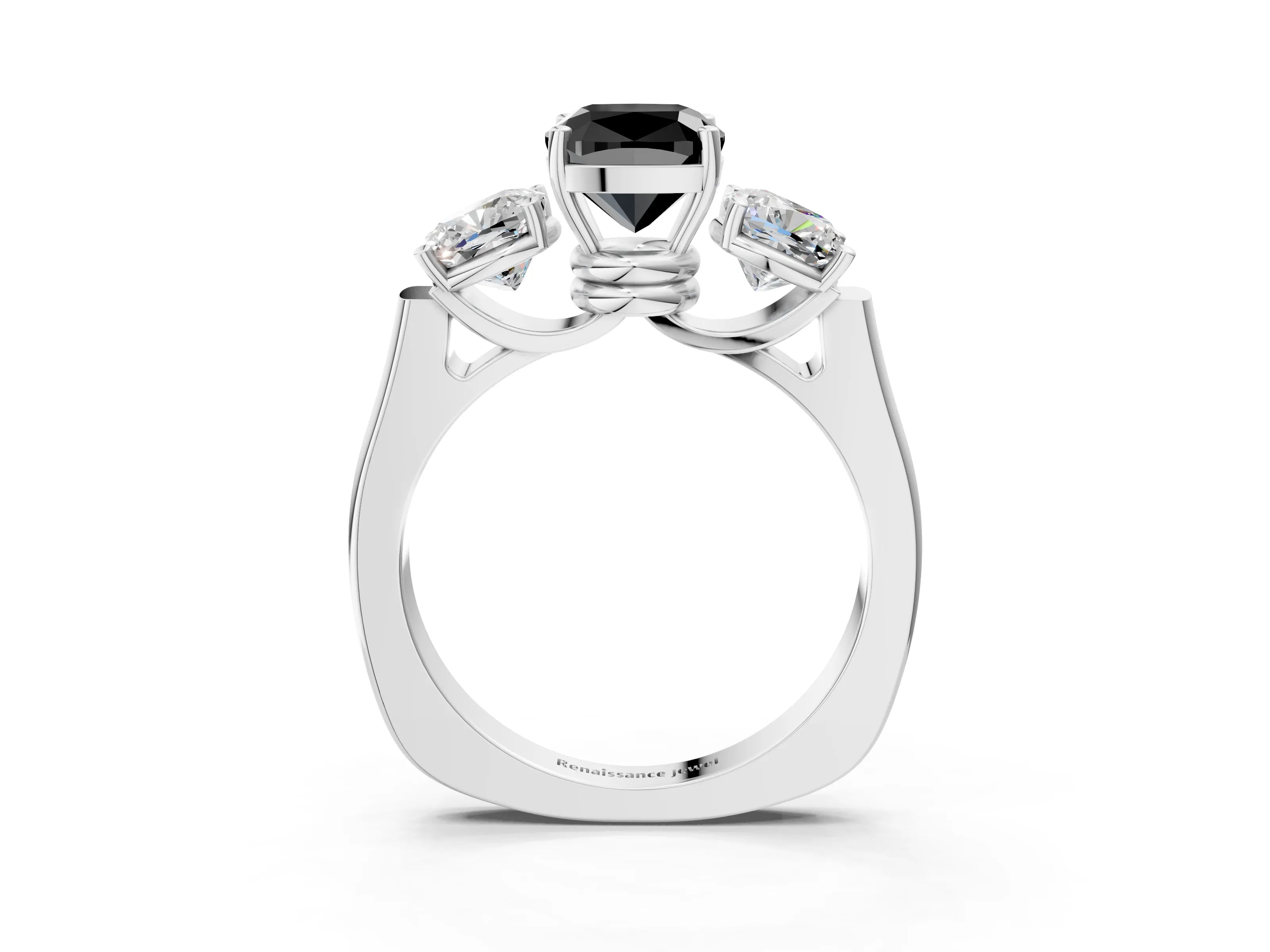 White gold Three-Stone Fancy Black Cushion Cut Brilliant Diamond Trellis Ring with Comfort Fit Band_15