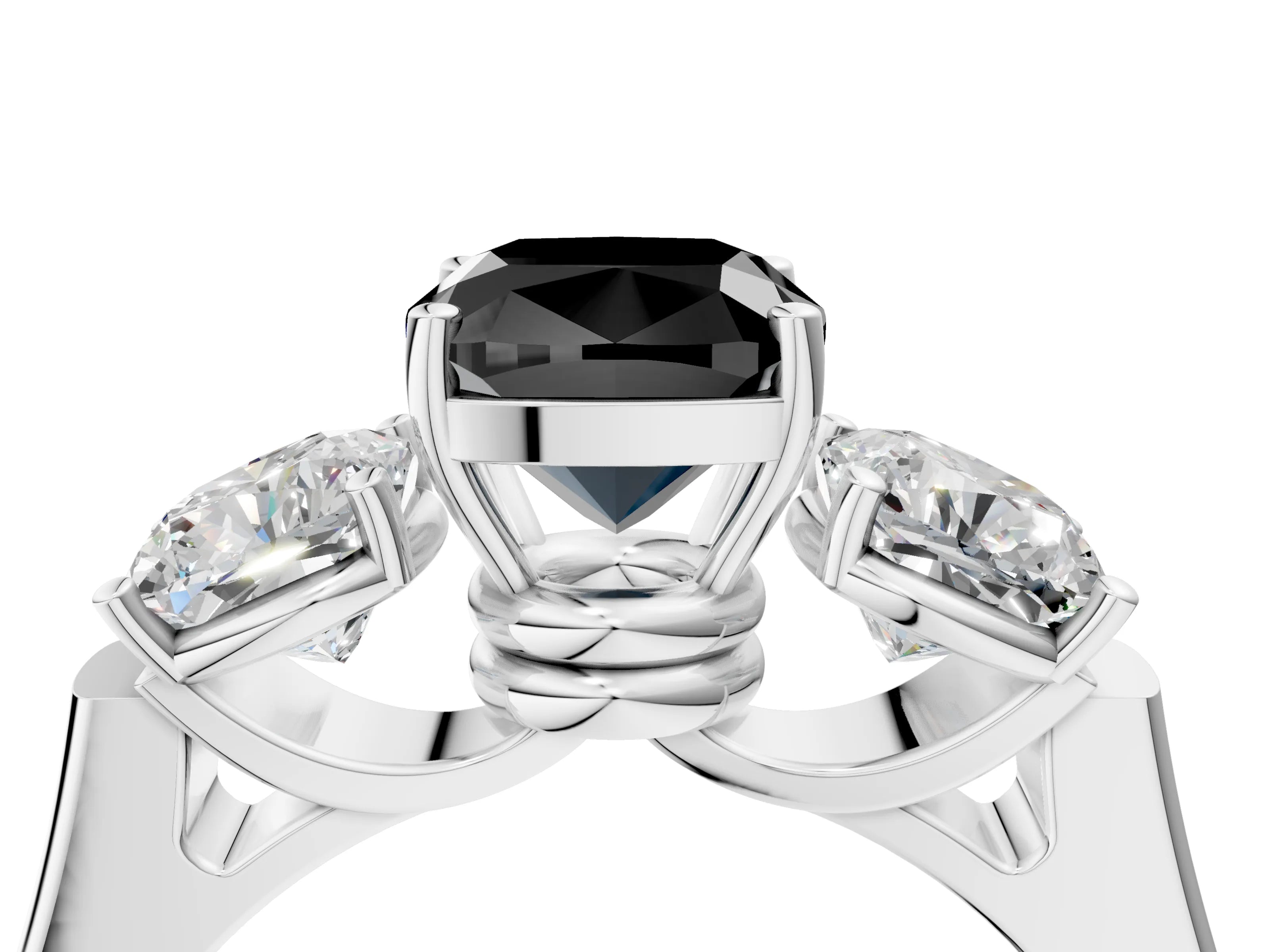 White gold Three-Stone Fancy Black Cushion Cut Brilliant Diamond Trellis Ring with Comfort Fit Band_16