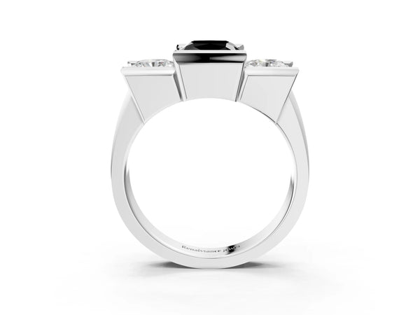 White Gold Cushion Cut Channel Set Three Stone Engagement Ring Setting for Black Center