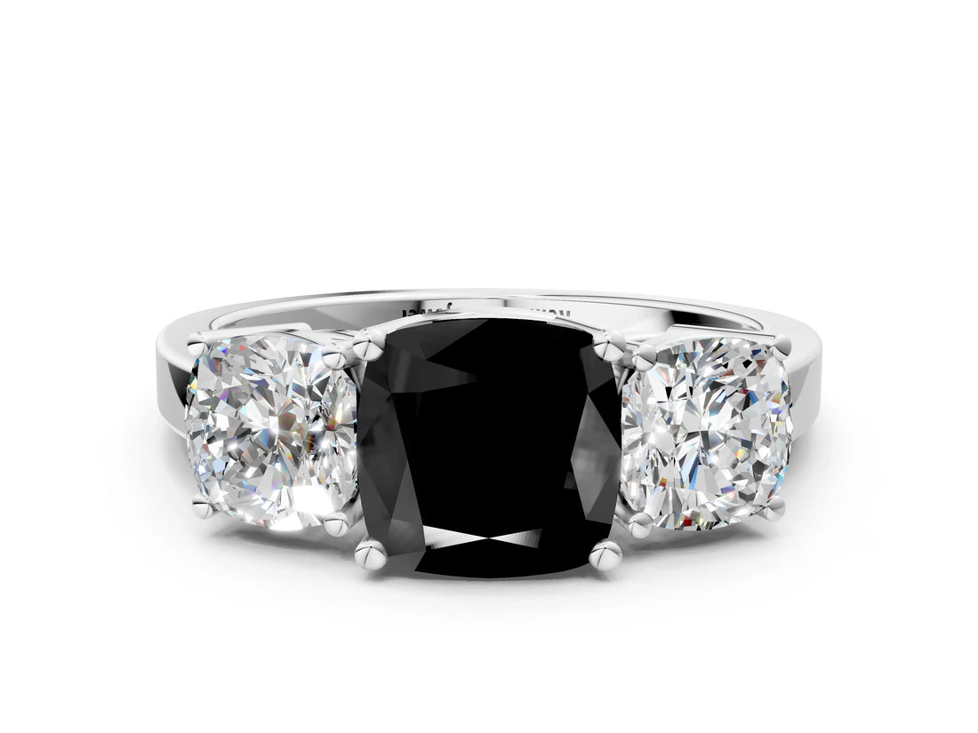 White gold Three-Stone Fancy Black Cushion Cut Cut Diamond Engagement Ring with Flat Band and Four-Prong Setting_12