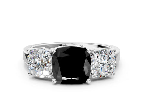 White gold Three-Stone Fancy Black Cushion Cut Cut Diamond Engagement Ring with Flat Band and Four-Prong Setting_12