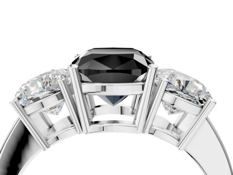 White gold Three-Stone Fancy Black Cushion Cut Cut Diamond Engagement Ring with Flat Band and Four-Prong Setting_16