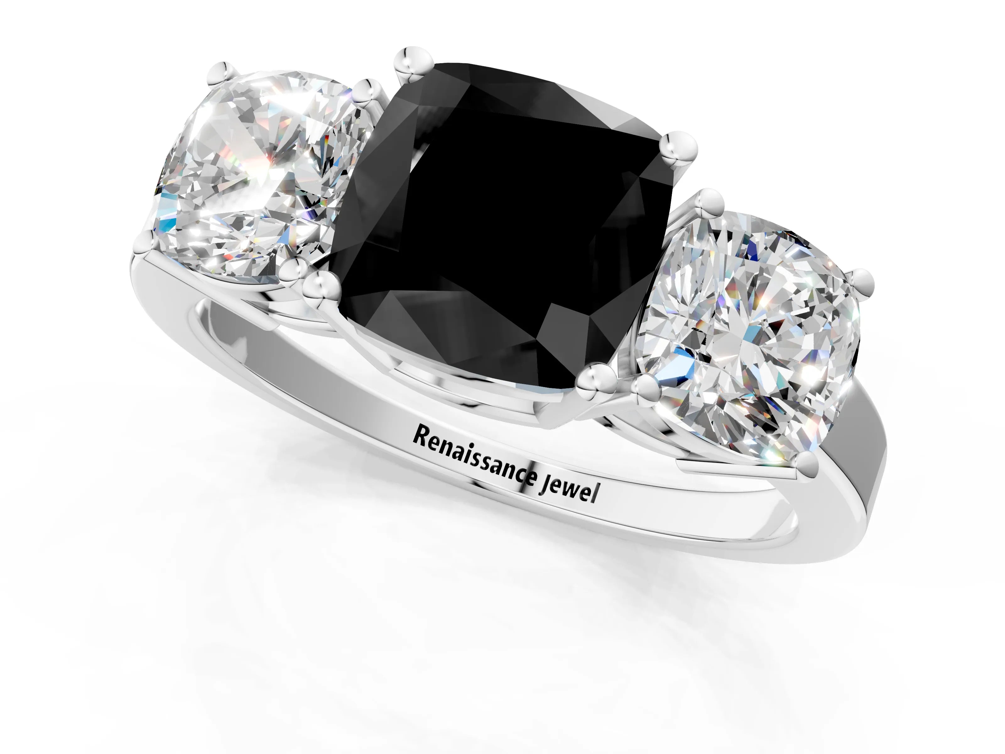 White gold Three-Stone Fancy Black Cushion Cut Cut Diamond Engagement Ring with Flat Band and Four-Prong Setting_1