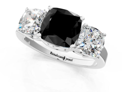 White gold Three-Stone Fancy Black Cushion Cut Cut Diamond Engagement Ring with Flat Band and Four-Prong Setting_1