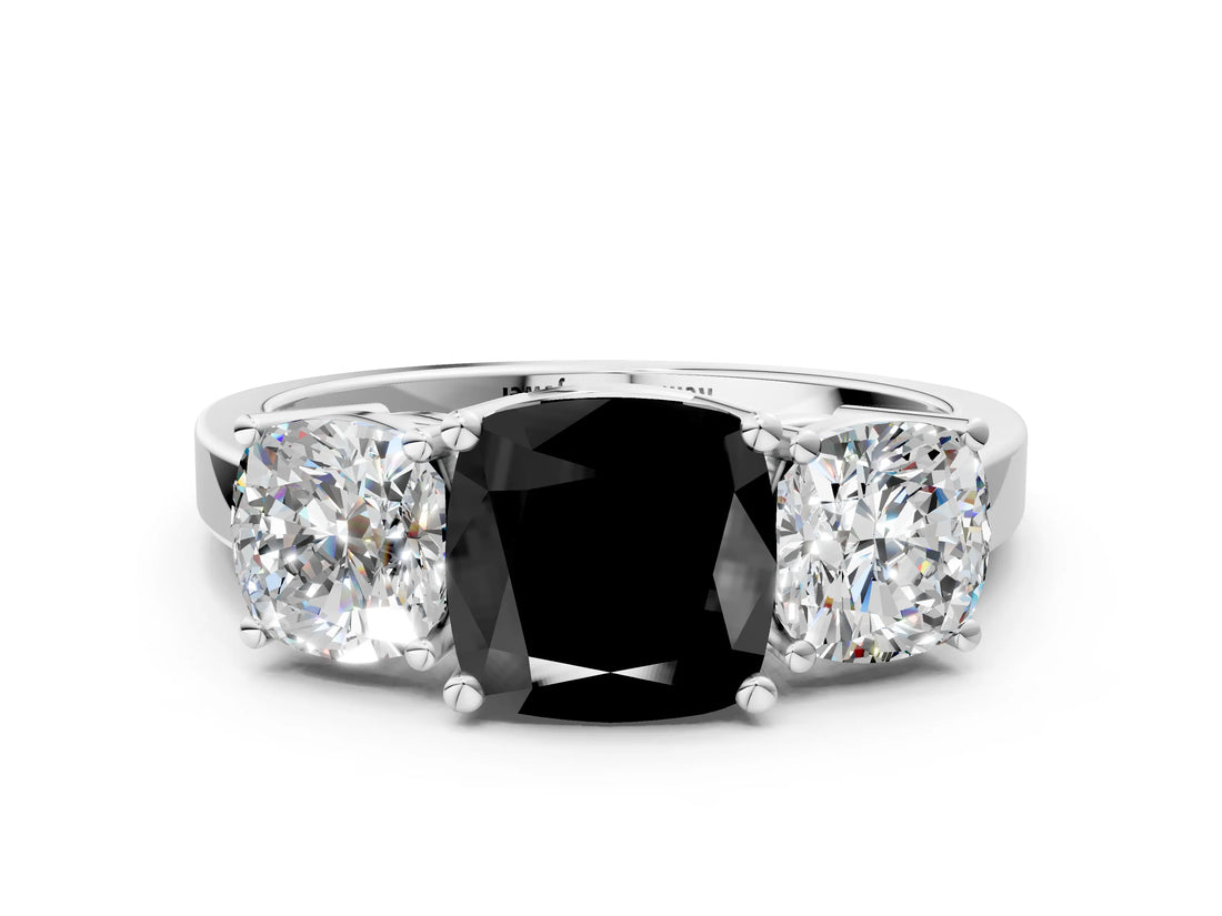 White gold Three-Stone Fancy Black Cushion Cut Cut Diamond Engagement Ring with Flat Band and Four-Prong Setting_24