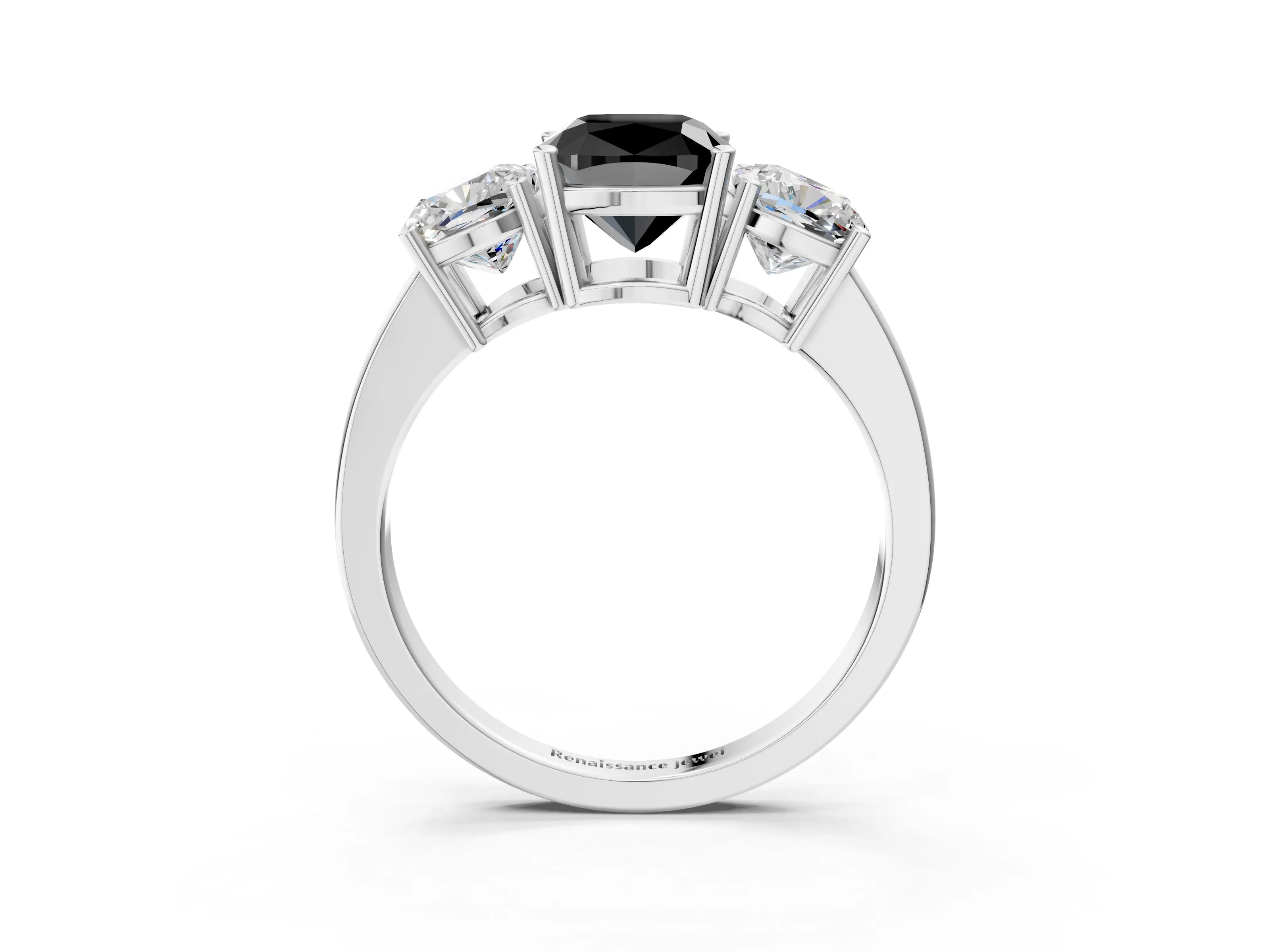White gold Three-Stone Fancy Black Cushion Cut Cut Diamond Engagement Ring with Flat Band and Four-Prong Setting_3