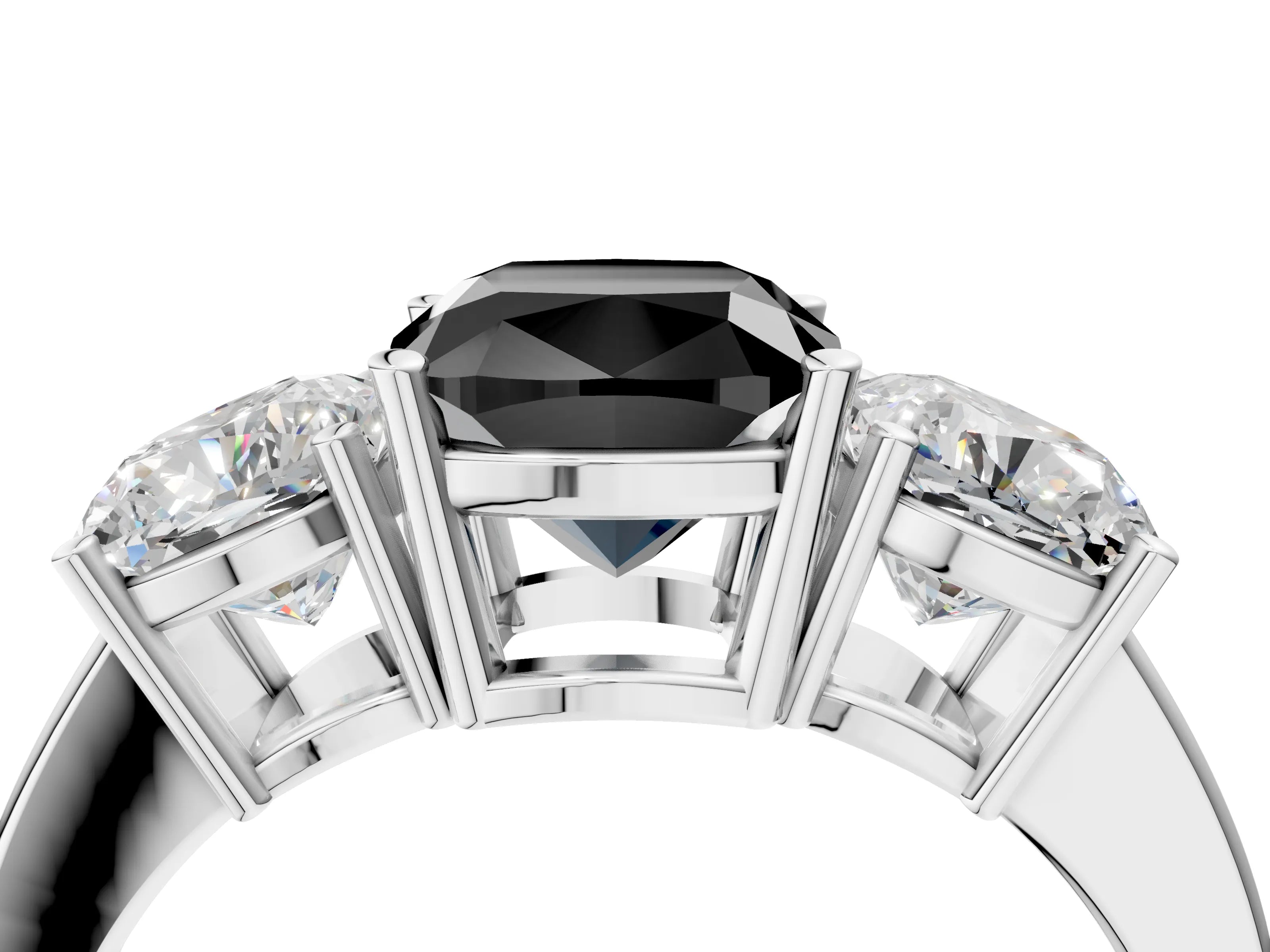White gold Three-Stone Fancy Black Cushion Cut Cut Diamond Engagement Ring with Flat Band and Four-Prong Setting_4
