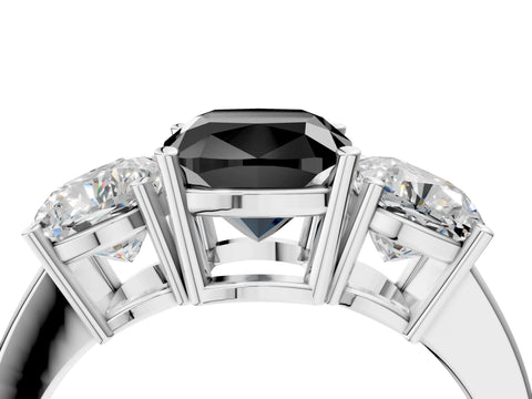 White gold Three-Stone Fancy Black Cushion Cut Cut Diamond Engagement Ring with Flat Band and Four-Prong Setting_4