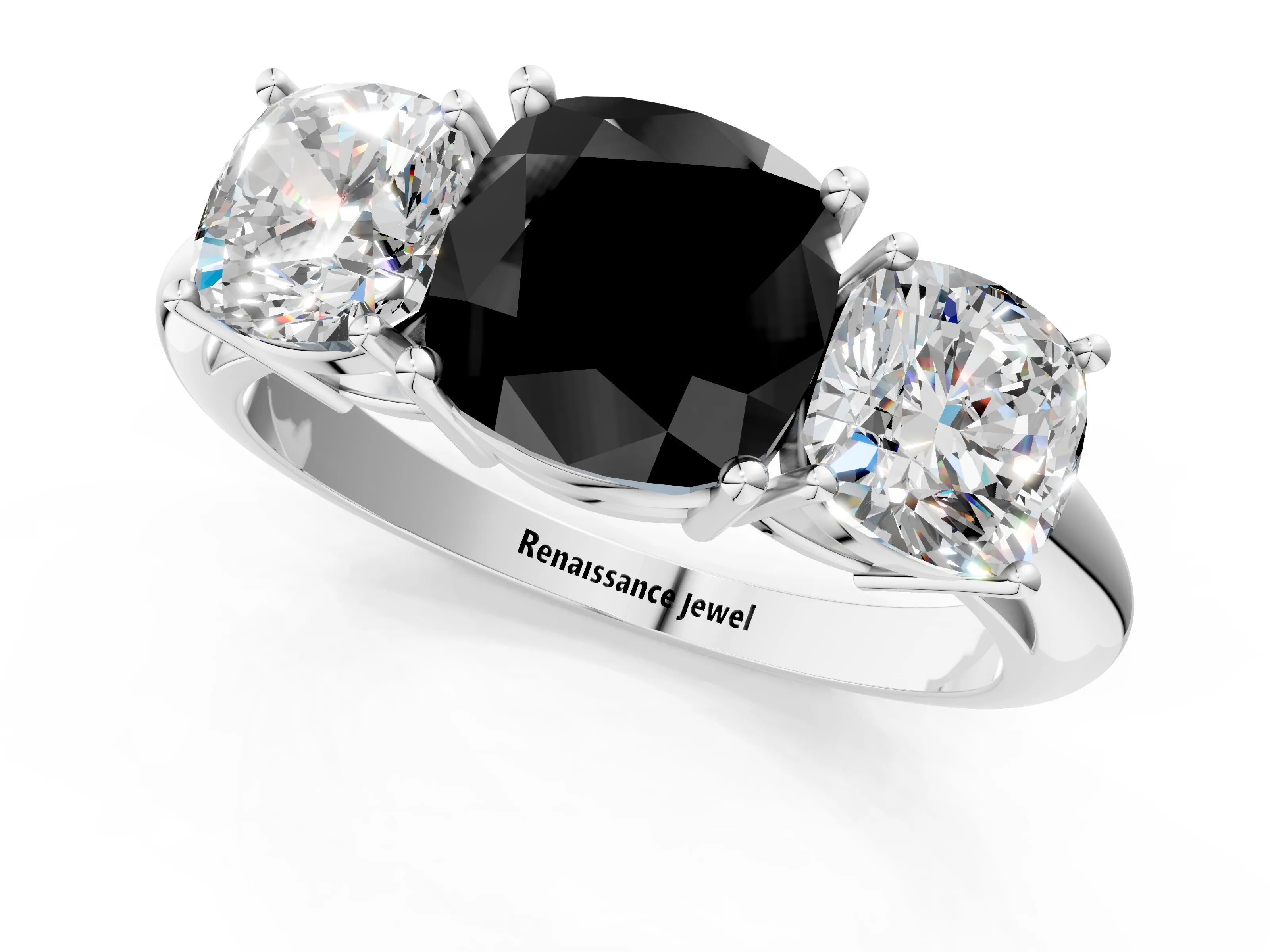 White gold Three-Stone Fancy Black Cushion Cut Cut Diamond Engagement Ring with Prong Setting on a White Gold Band_13