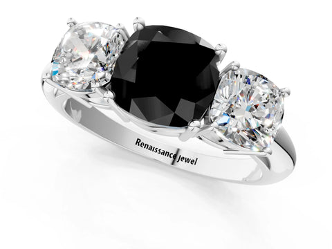 White gold Three-Stone Fancy Black Cushion Cut Cut Diamond Engagement Ring with Prong Setting on a White Gold Band_13