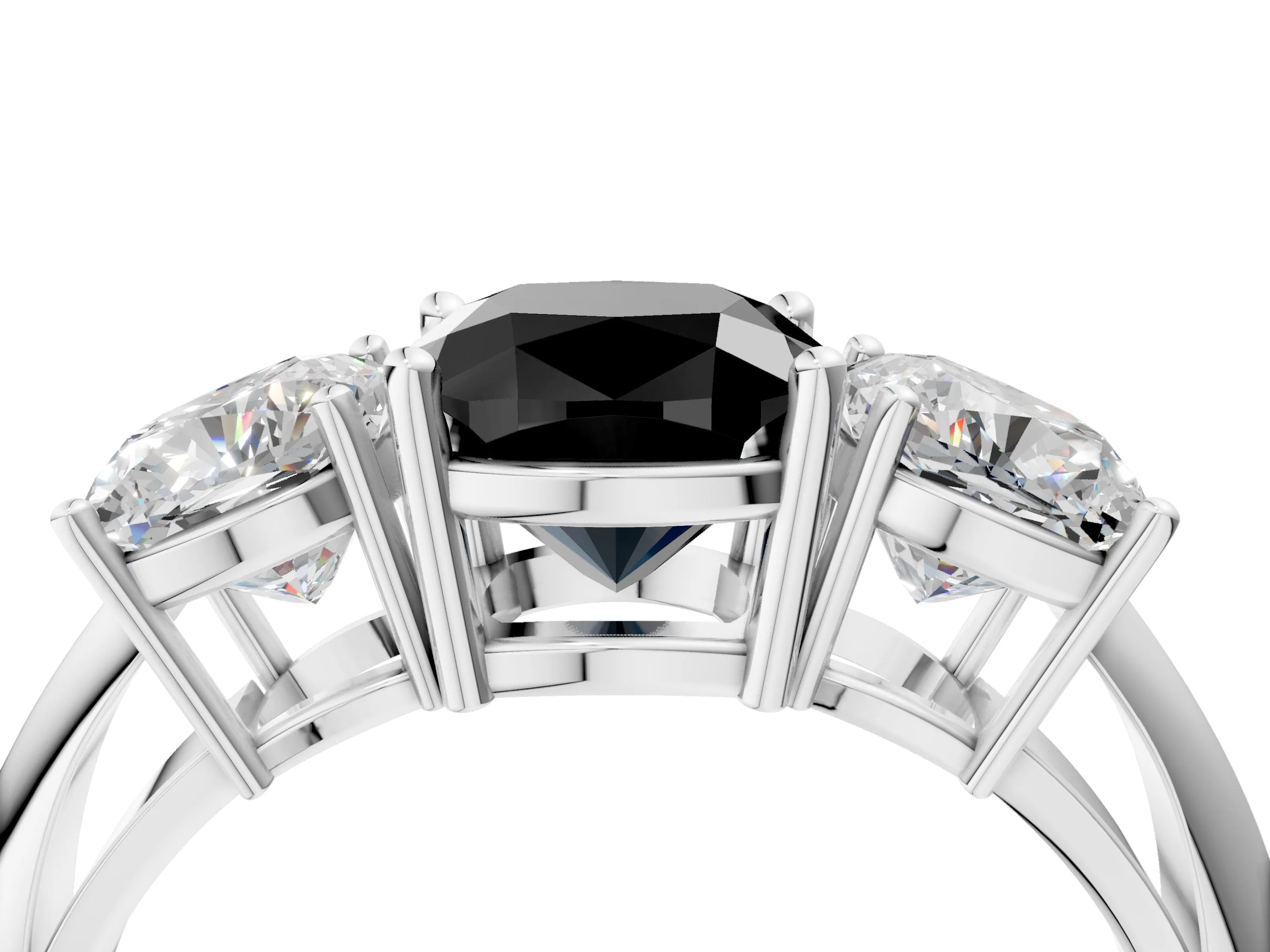 White gold Three-Stone Fancy Black Cushion Cut Cut Diamond Engagement Ring with Prong Setting on a White Gold Band_16