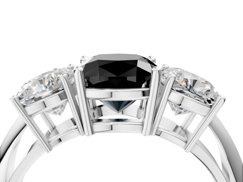 White gold Three-Stone Fancy Black Cushion Cut Cut Diamond Engagement Ring with Prong Setting on a White Gold Band_16