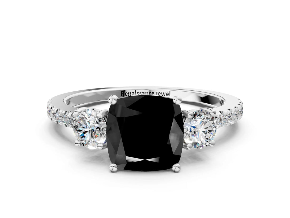 White gold Three-Stone Fancy Black Cushion Cut Cut Diamond Pavé Band with Prong Setting_27