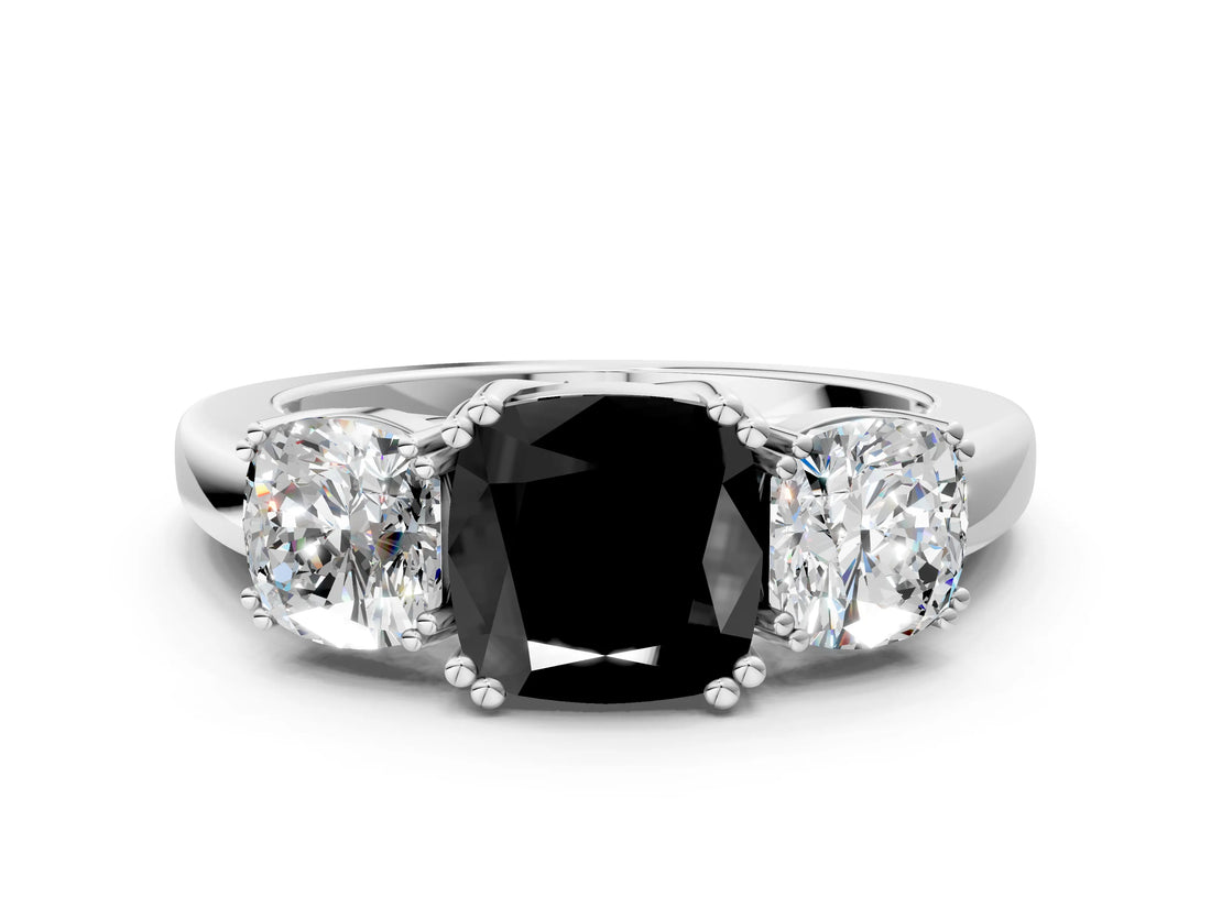 White gold Three-Stone Fancy Black Cushion Cut Cut Diamond Ring with Channel Set Band and Four-Prong Setting_12