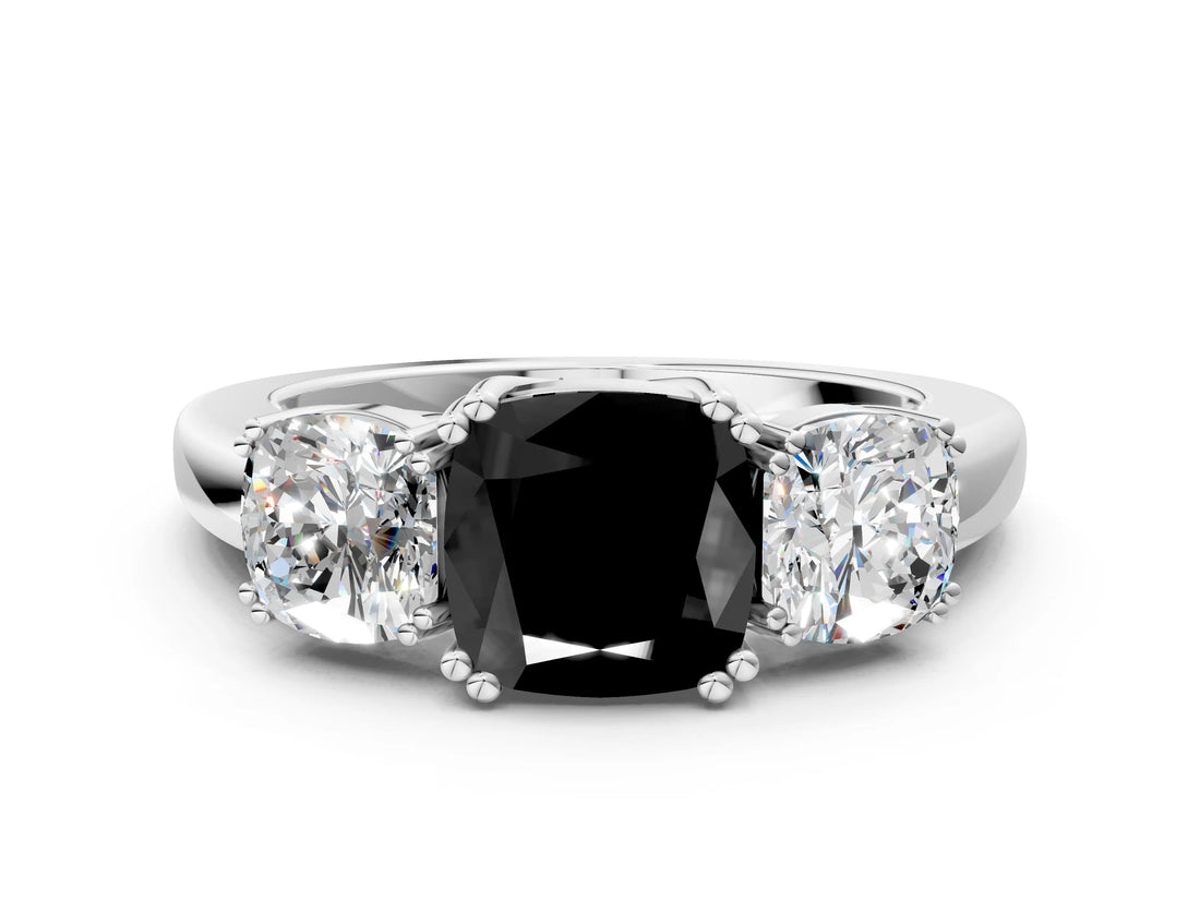 White gold Three-Stone Fancy Black Cushion Cut Cut Diamond Ring with Channel Set Band and Four-Prong Setting_12
