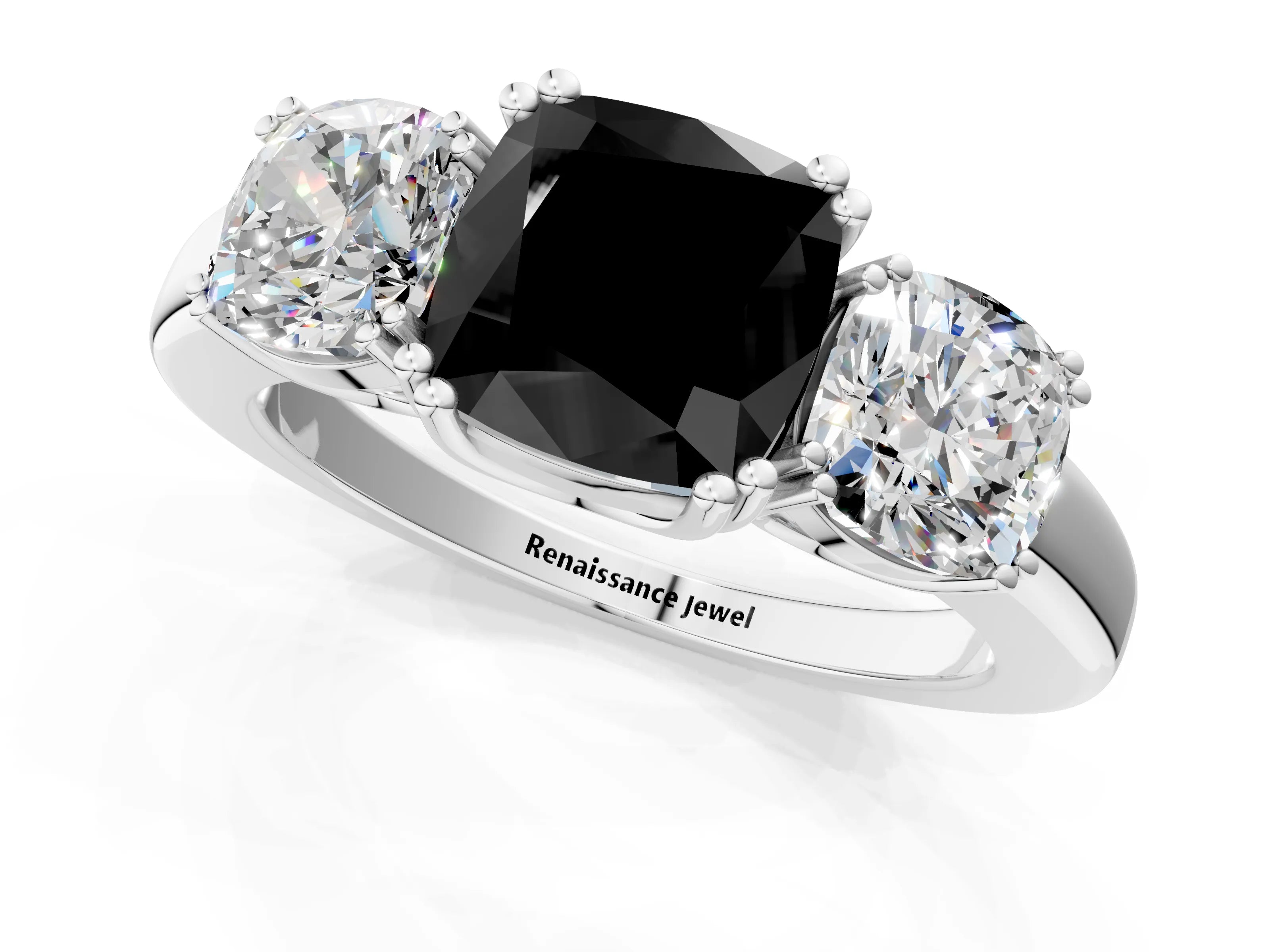 White gold Three-Stone Fancy Black Cushion Cut Cut Diamond Ring with Channel Set Band and Four-Prong Setting_1