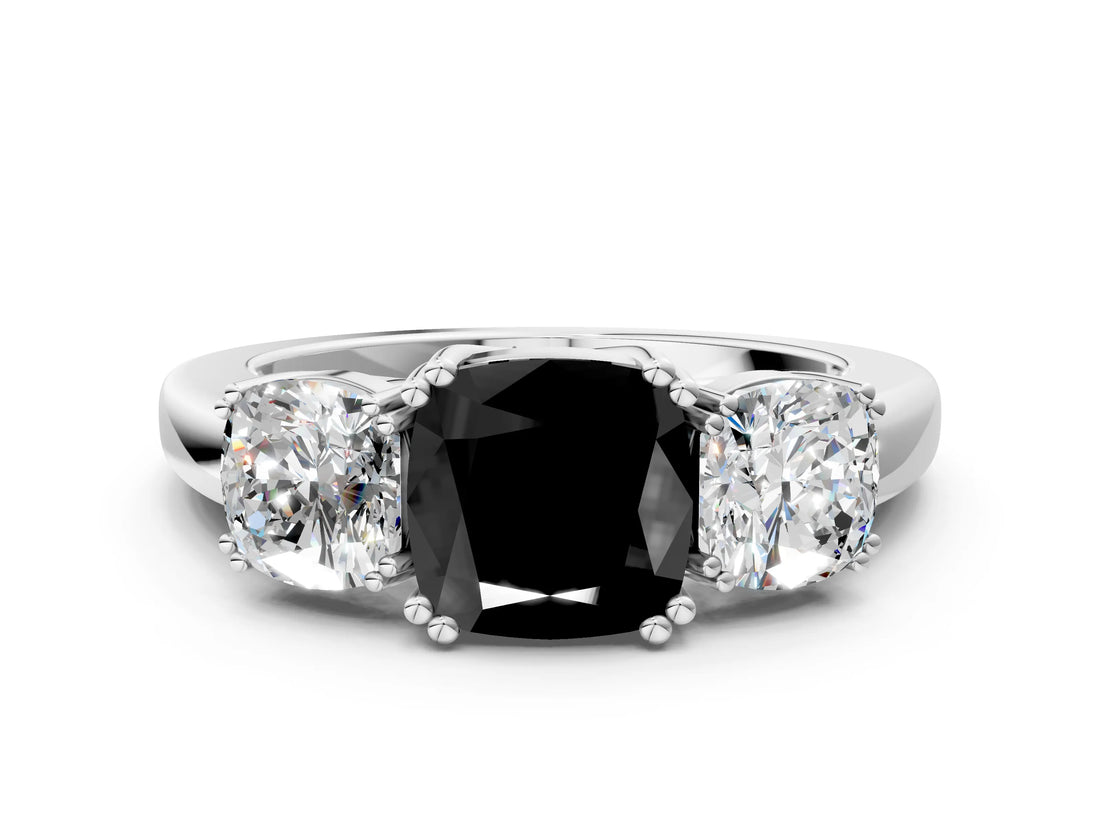 White gold Three-Stone Fancy Black Cushion Cut Cut Diamond Ring with Channel Set Band and Four-Prong Setting_30