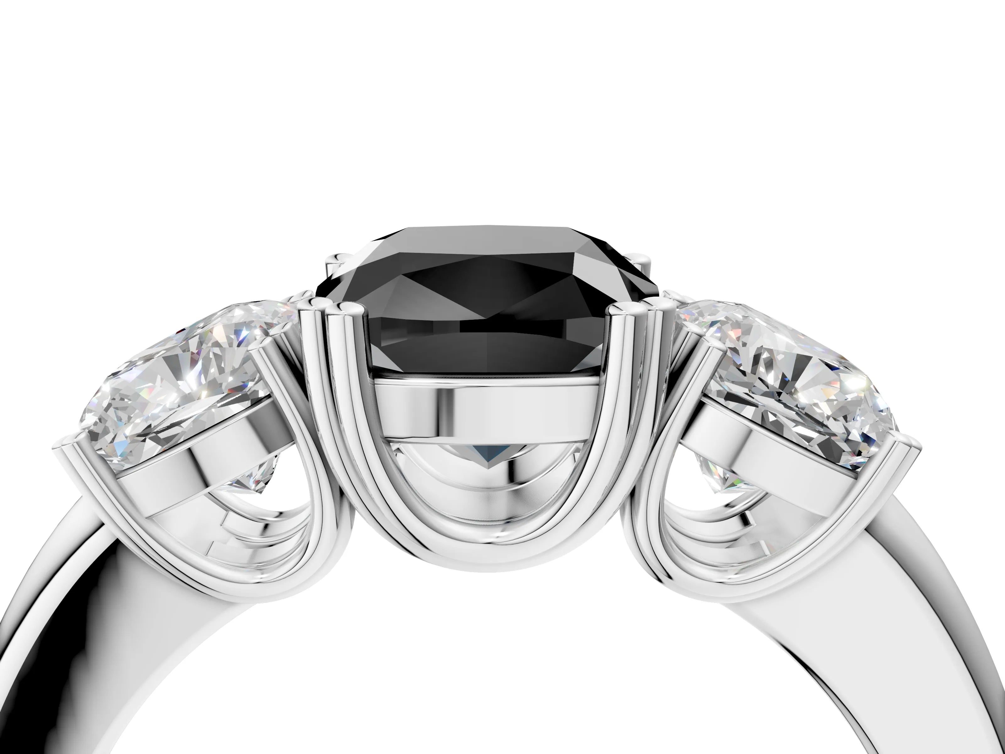 White gold Three-Stone Fancy Black Cushion Cut Cut Diamond Ring with Channel Set Band and Four-Prong Setting_4