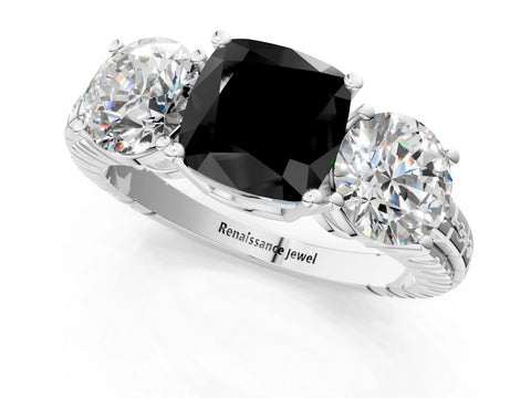 White gold Three-Stone Fancy Black Cushion Cut Cut Diamond Ring with Channel-Set Band and Prong Setting_1