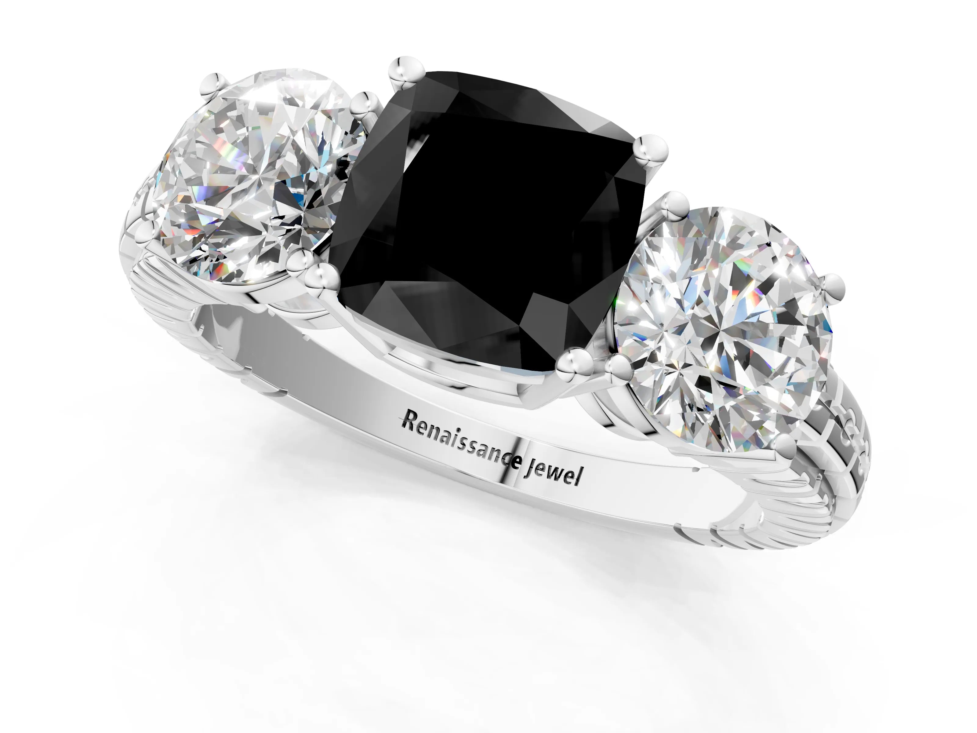 White gold Three-Stone Fancy Black Cushion Cut Cut Diamond Ring with Channel-Set Band and Prong Setting_1