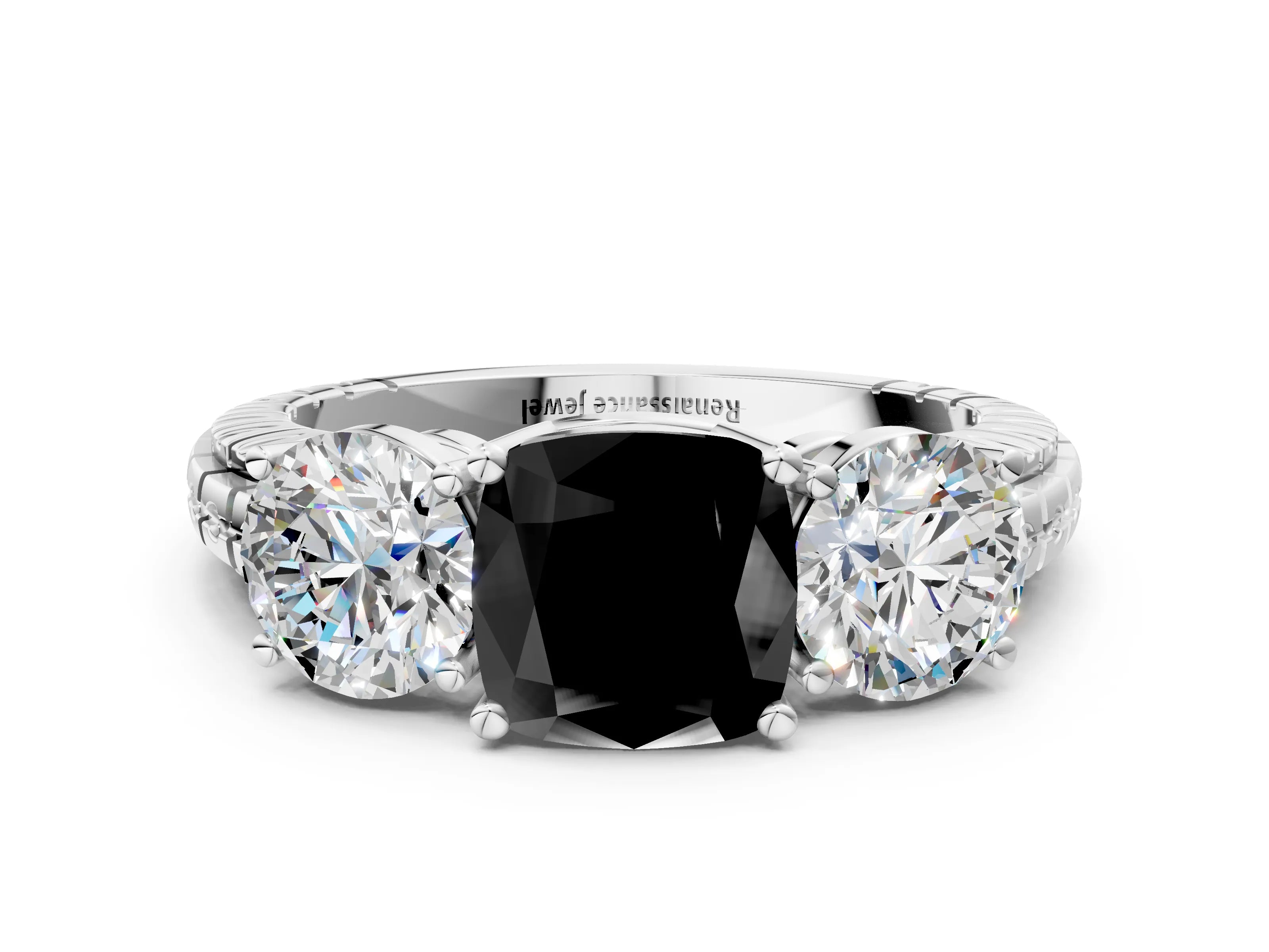 White gold Three-Stone Fancy Black Cushion Cut Cut Diamond Ring with Channel-Set Band and Prong Setting