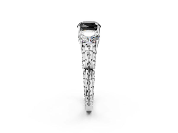 Platinum Cushion Cut Three-Stone Engagement Ring Setting for Black Center with Engraved Notched Band