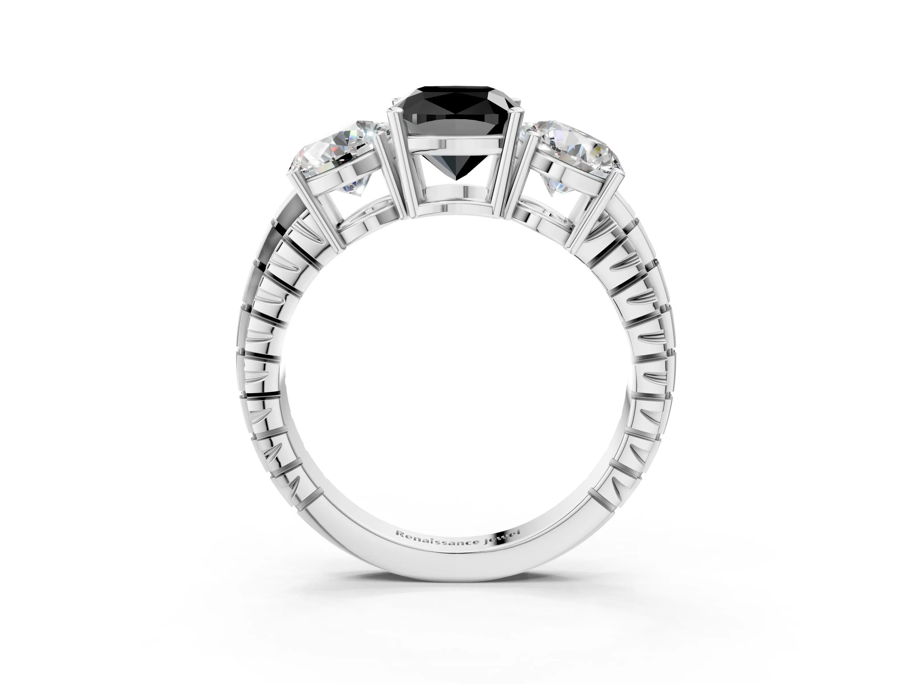White gold Three-Stone Fancy Black Cushion Cut Cut Diamond Ring with Channel-Set Band and Prong Setting_3