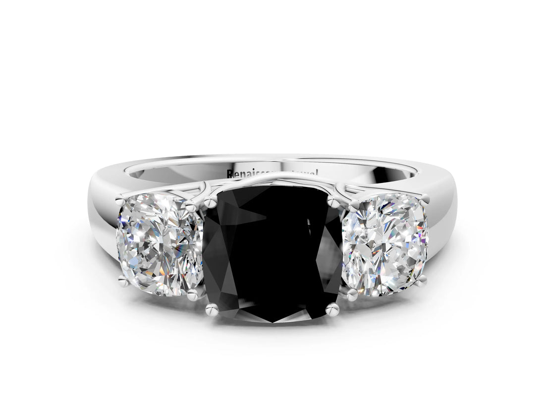 White gold Three-Stone Fancy Black Cushion Cut Cut Diamond Ring with Prong Setting and Classic Band_1