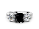 White gold Three-Stone Fancy Black Cushion Cut Cut Diamond Ring with Prong Setting and Classic Band_1