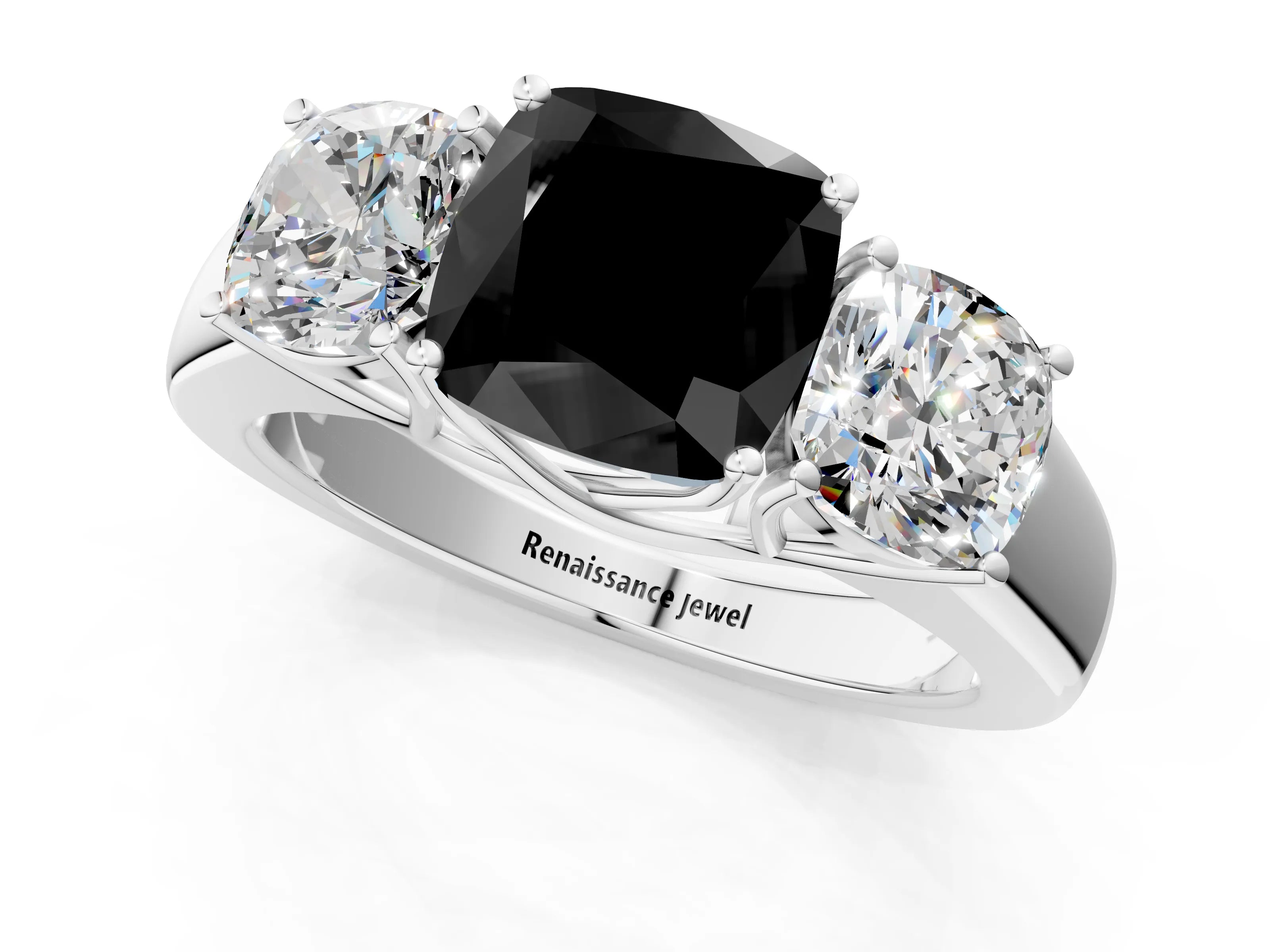 White gold Three-Stone Fancy Black Cushion Cut Cut Diamond Ring with Prong Setting and Classic Band_1