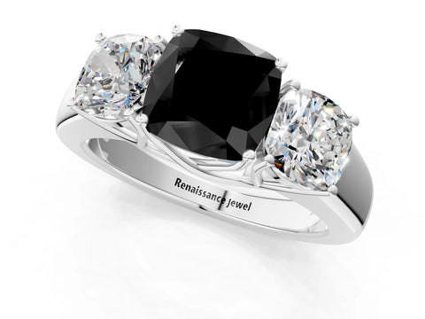 White gold Three-Stone Fancy Black Cushion Cut Cut Diamond Ring with Prong Setting and Classic Band_1