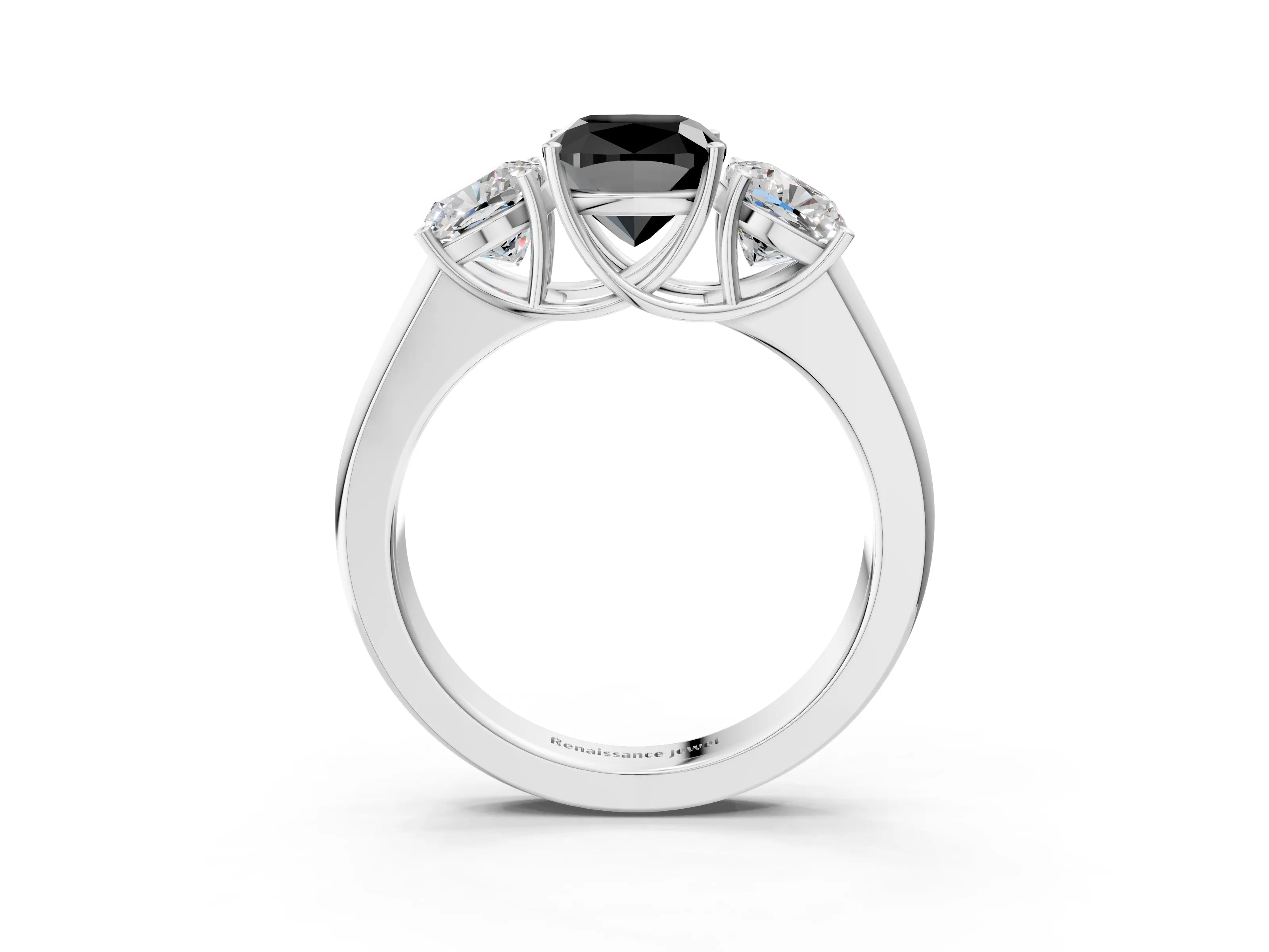 White gold Three-Stone Fancy Black Cushion Cut Cut Diamond Ring with Prong Setting and Classic Band_3