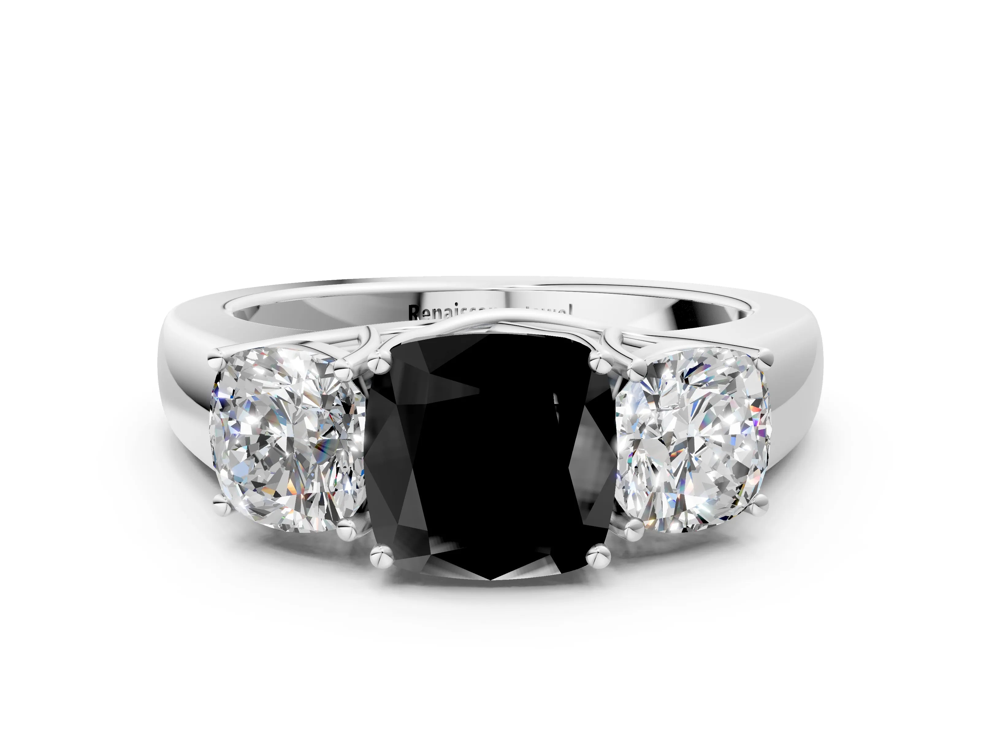 White gold Three-Stone Fancy Black Cushion Cut Cut Diamond Ring with Prong Setting and Classic Band