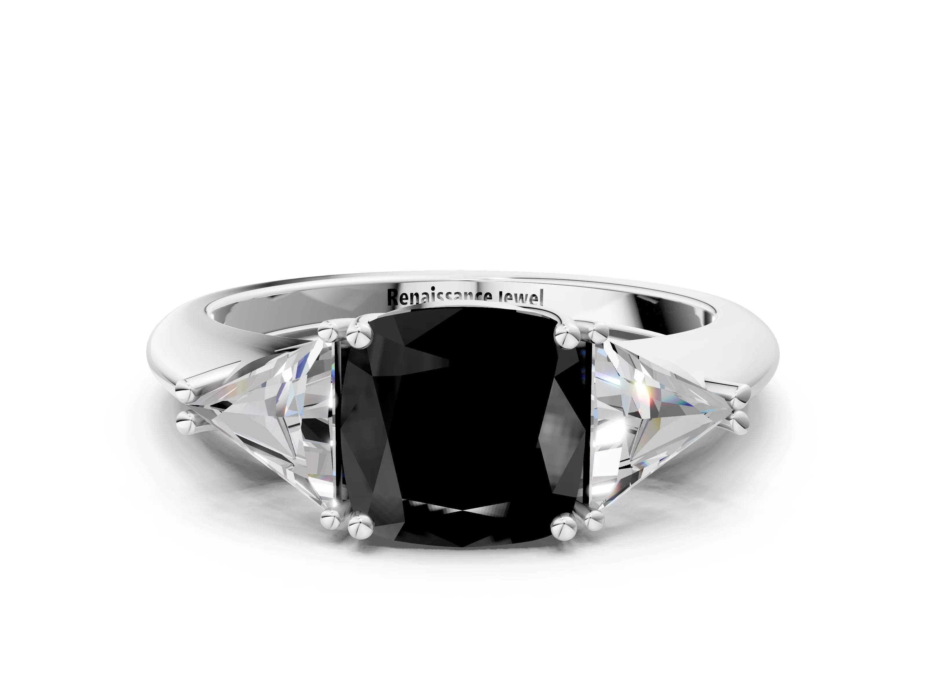 White gold Three-Stone Fancy Black Cushion Cut Cut Diamond Ring with Trillion Side Stones and Four-Prong Setting_11