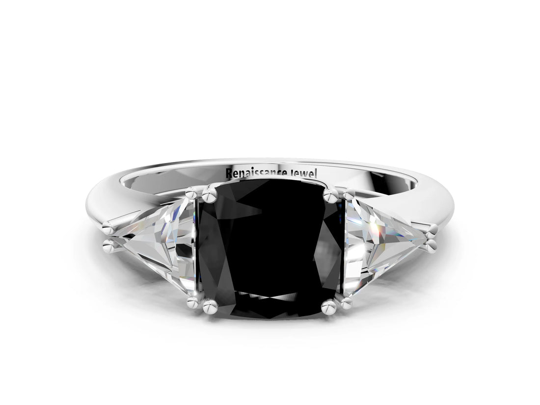 White gold Three-Stone Fancy Black Cushion Cut Cut Diamond Ring with Trillion Side Stones and Four-Prong Setting_11