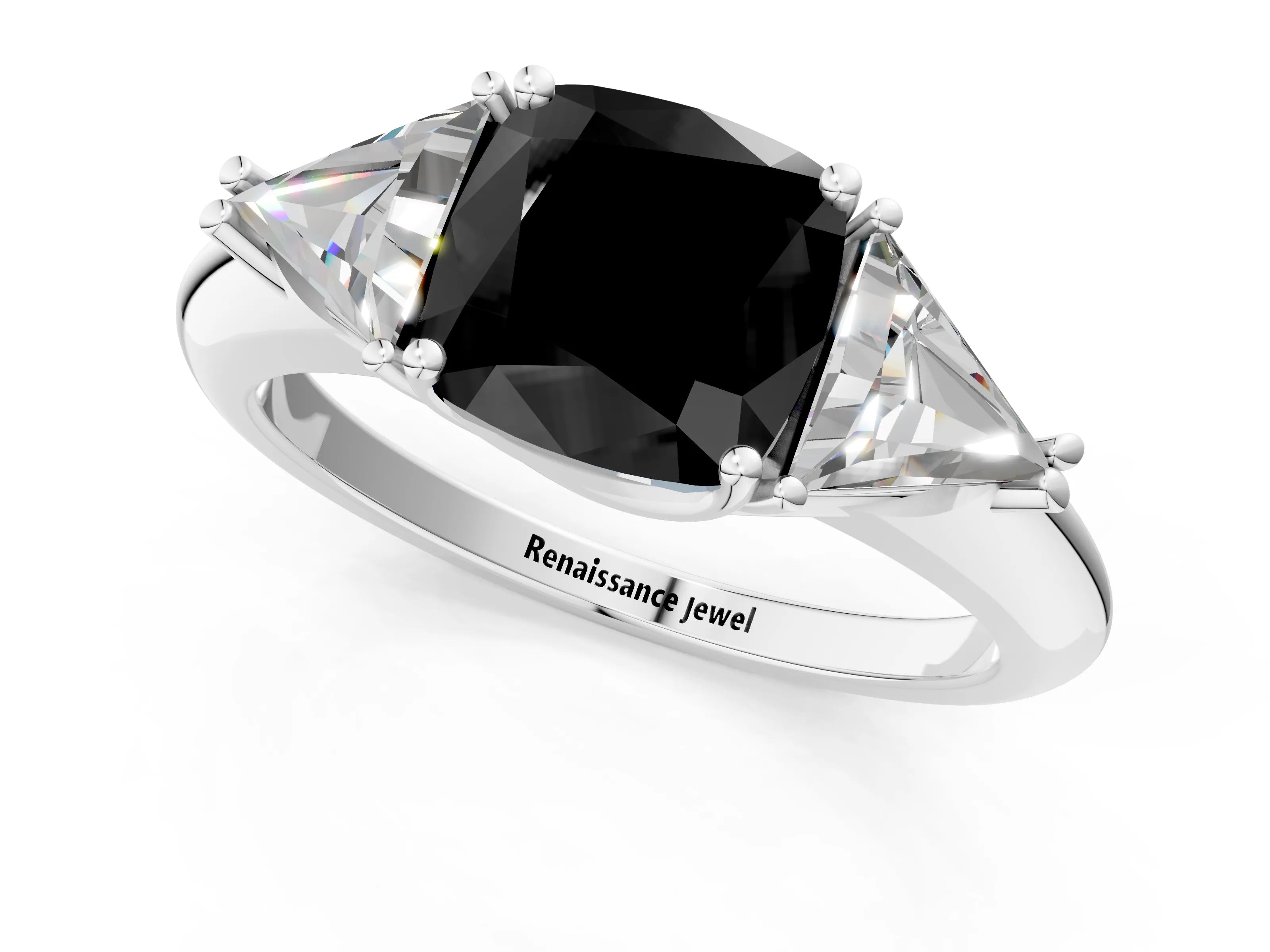White gold Three-Stone Fancy Black Cushion Cut Cut Diamond Ring with Trillion Side Stones and Four-Prong Setting_12