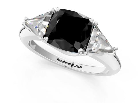 White gold Three-Stone Fancy Black Cushion Cut Cut Diamond Ring with Trillion Side Stones and Four-Prong Setting_12