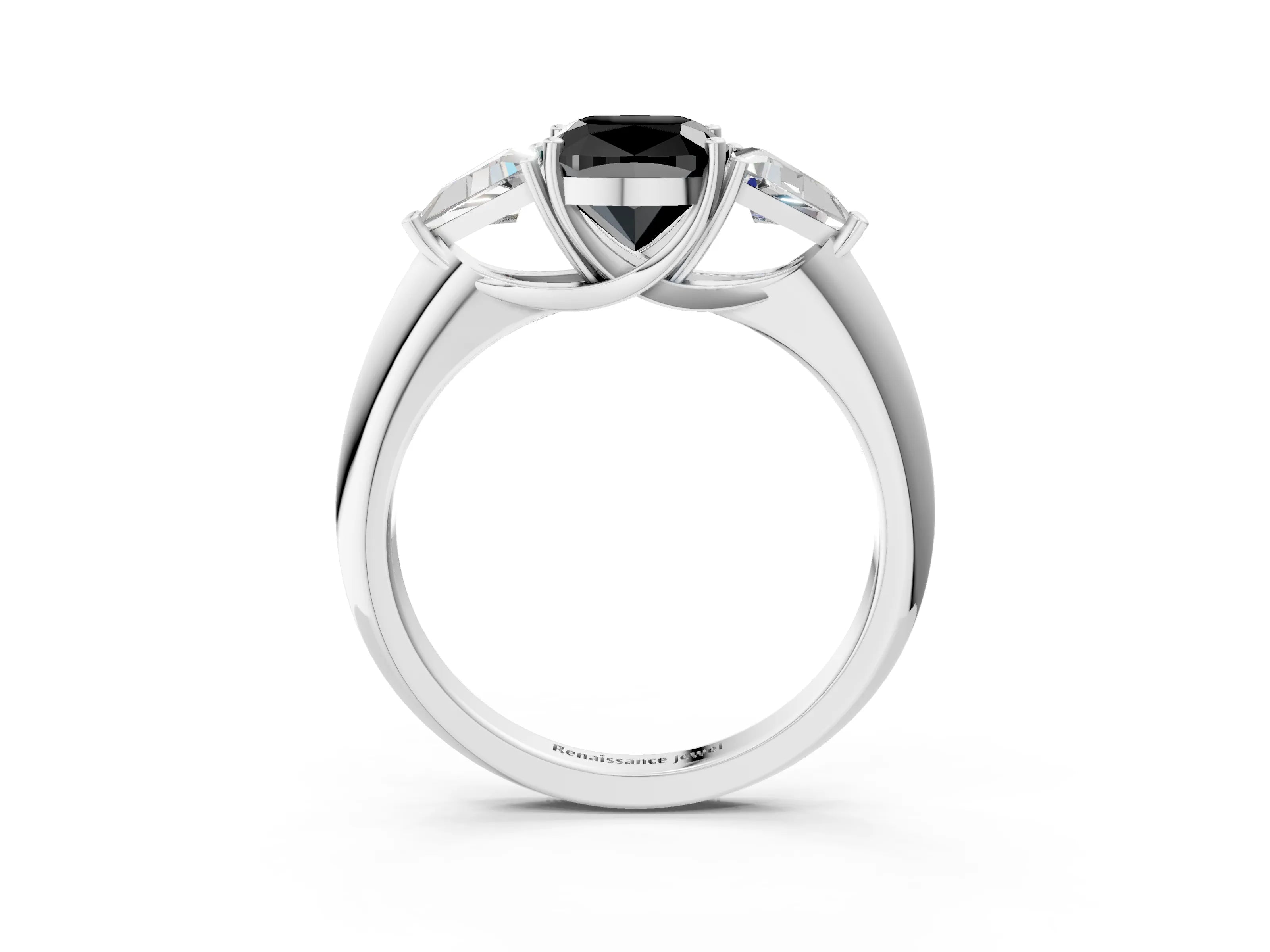 White gold Three-Stone Fancy Black Cushion Cut Cut Diamond Ring with Trillion Side Stones and Four-Prong Setting_14