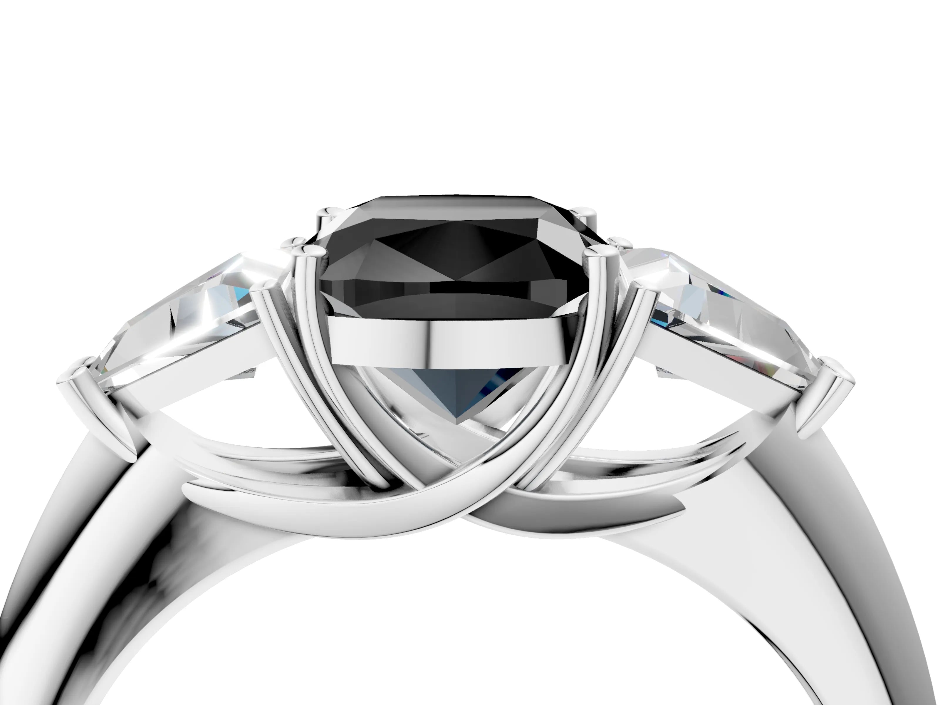 White gold Three-Stone Fancy Black Cushion Cut Cut Diamond Ring with Trillion Side Stones and Four-Prong Setting_15