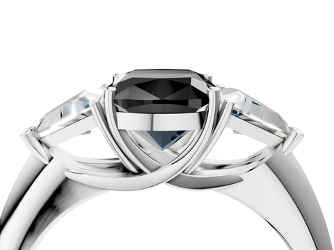 White gold Three-Stone Fancy Black Cushion Cut Cut Diamond Ring with Trillion Side Stones and Four-Prong Setting_15