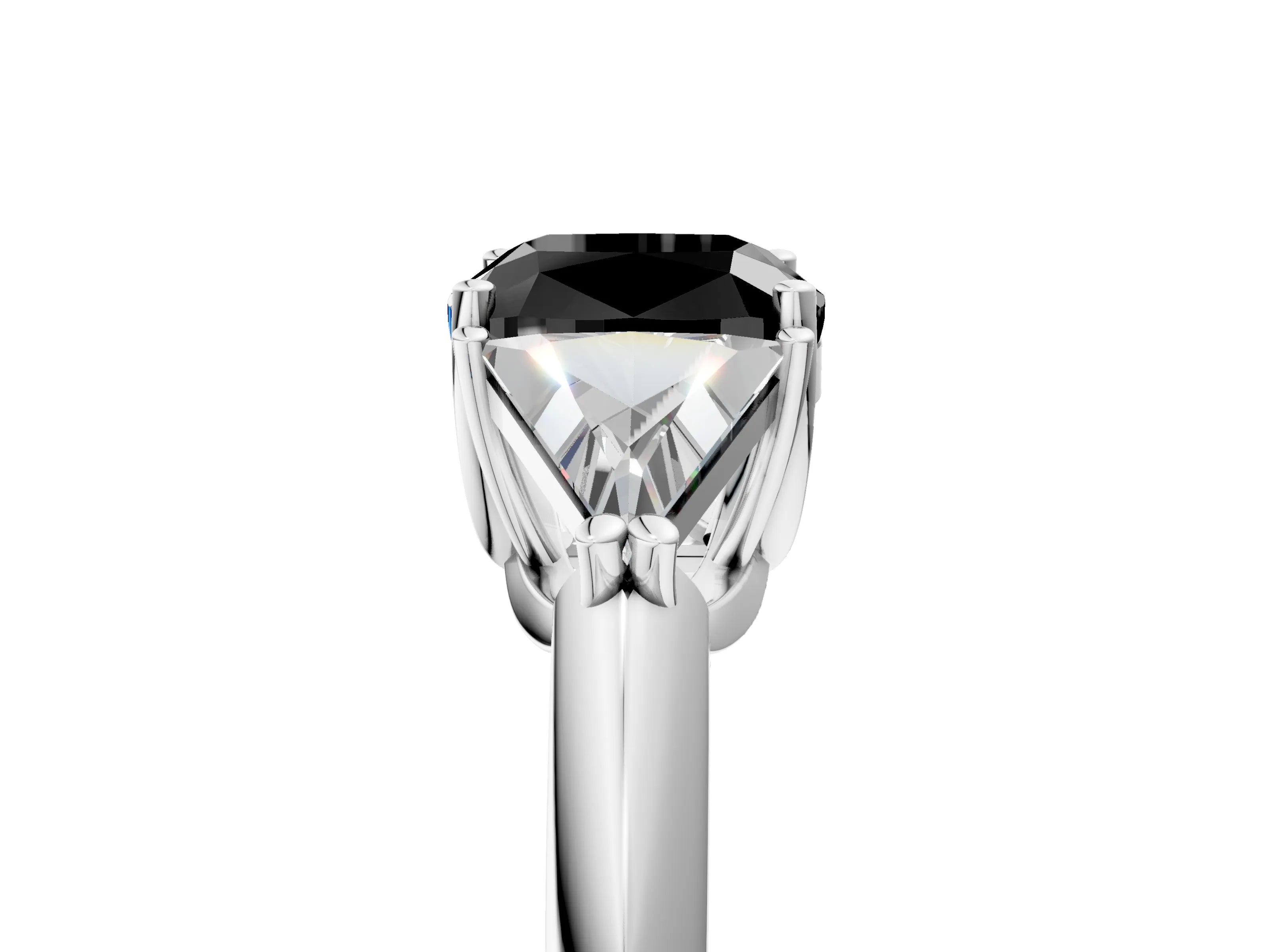 White gold Three-Stone Fancy Black Cushion Cut Cut Diamond Ring with Trillion Side Stones and Four-Prong Setting_16