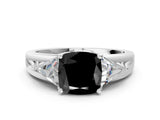White gold Three-Stone Fancy Black Cushion Cut Cut Diamond Ring with Trillion Side Stones on a Split Shank Band