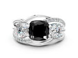 White gold Three-Stone Fancy Black Cushion Cut Cut Diamond Split Shank Prong Set Ring