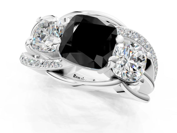 Platinum Cushion Cut Three Stone Split Shank Engagement Ring Setting for Black Center